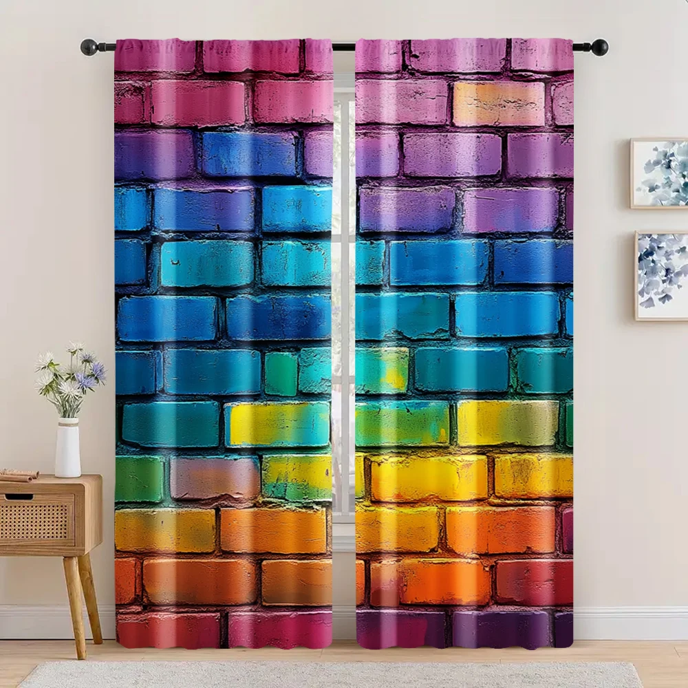 

2pc, Window Drapes curtainVibrant Rainbow Brick Wall Durable 100% Polyester Fabric,Without Electricity Spring Party & Holiday