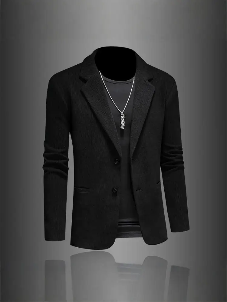 

Faionable Casual Stripe Men's Suit Jaet Two-Button Bla Polyester Fiber Stand Fit Busin Casual Spring Autumn