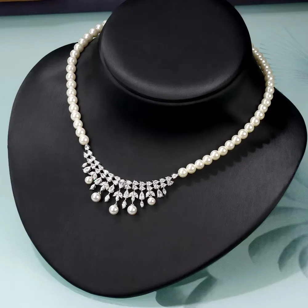 

JEWEL Luxury Fashion Pearl Tassel Necklace 4 PCS High Quality Cubic Zirconia For Women Wedding Party Jewelry Set Gift