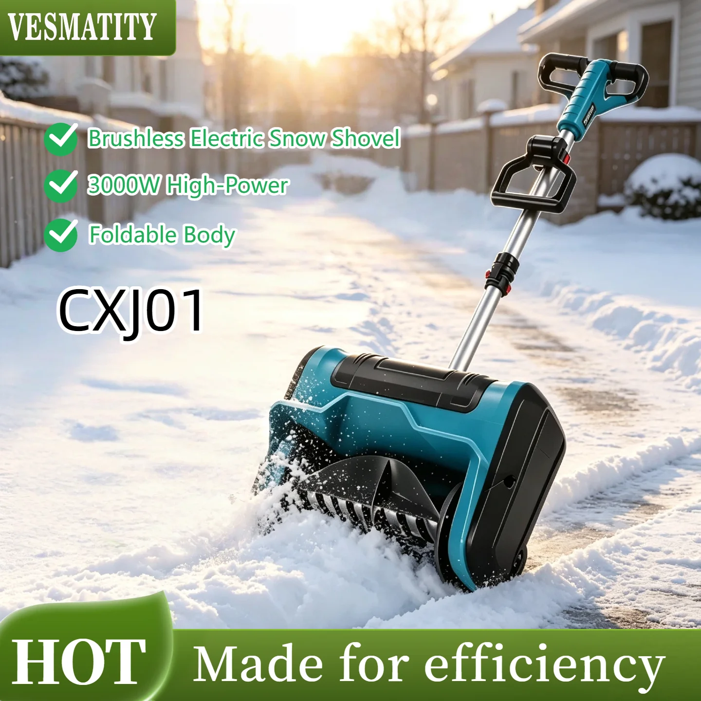 Vesmatity 3000W Brushless Electric Snow Shovel Cordless Foldable Snow Sweeper Plow Garden Street Clean for Makita 18V Battery