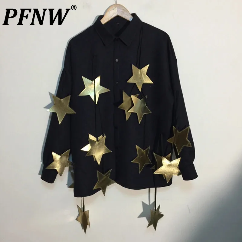 PFNW Korean Style Men's Shirts Stars Tassel Contrast Color Turn-down Collar Long Sleeve Single Breasted Autumn Male Tops 21Z1405