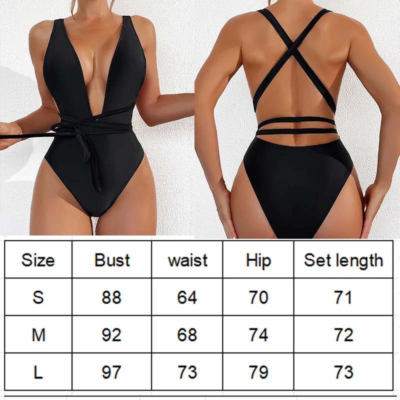 One Pieces Black Bikini Suit Back Strip Tie Beach Set Cool Black Female Swimming Suit Women Sexy Swimwear