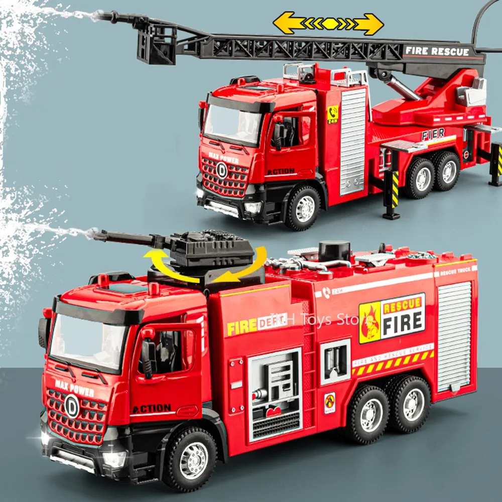 

1:32 Sprinkler Fire Truck Model Toys Metal Diecast Ladder Water Tanker Trucks Pull Back Sound Light Doors Opened for Boys Gifts