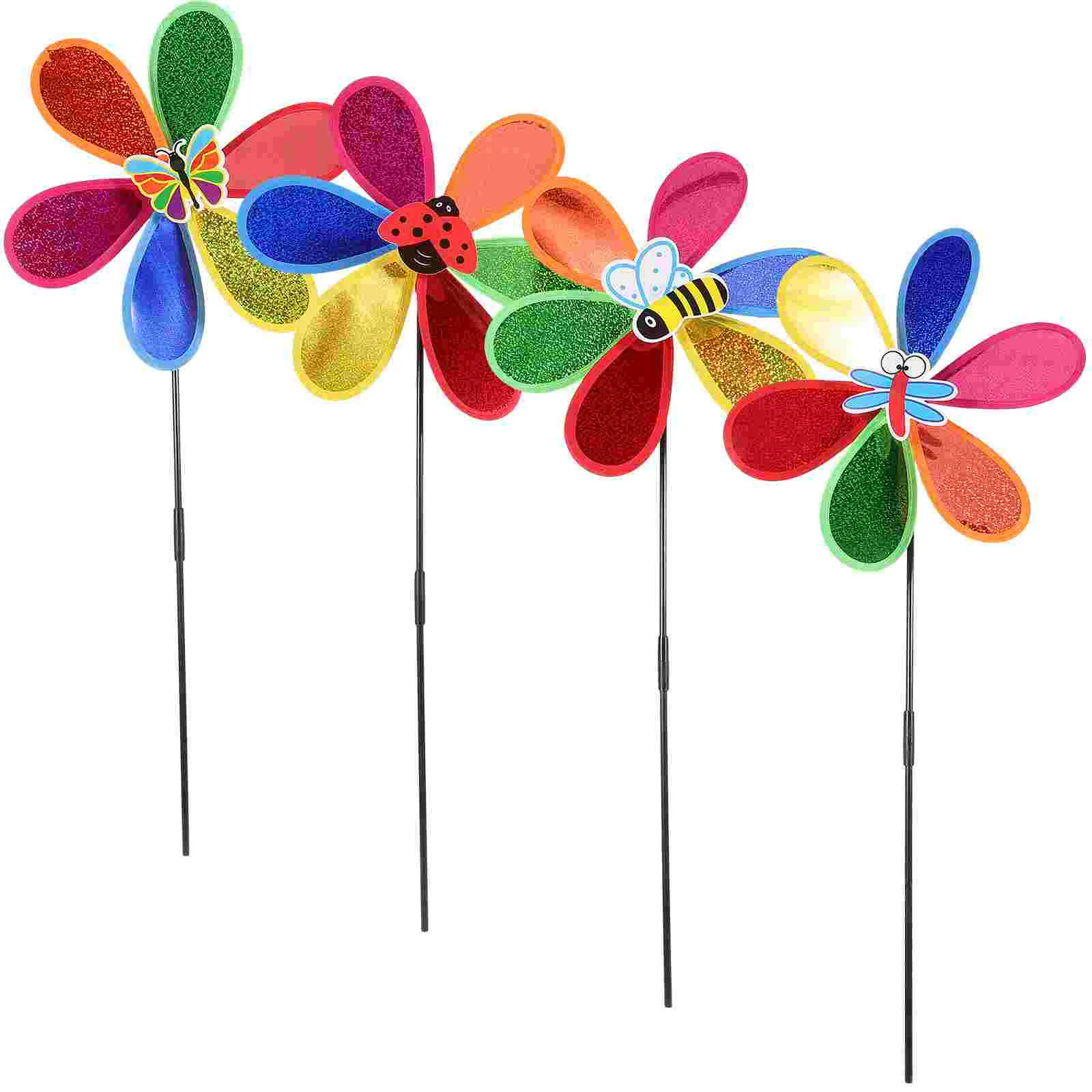 4 Pcs Garden Decorative Stakes Lightbulb Windmills Solar Umbrella with Lights Outdoor Pinwheel Colorful Lawn Insect