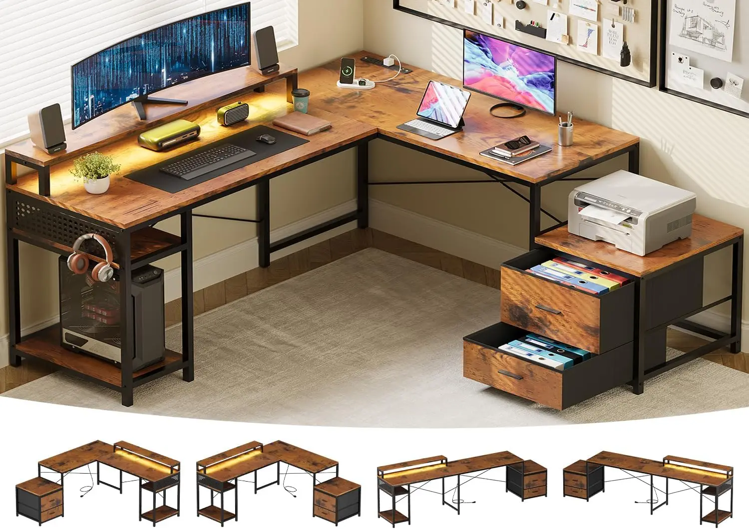 L Shaped Gaming Desk com gaveta, grande mesa reversível com suporte de impressora, Power Outlet, 113 ", 2 Pessoa, 66"