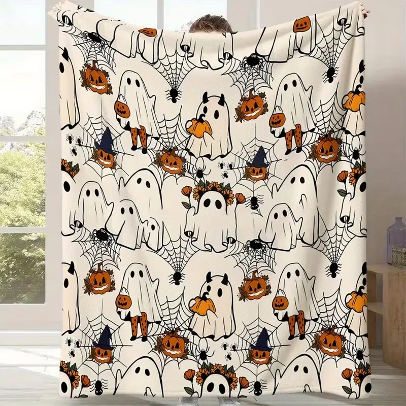 Pumpkin Spider and Cobweb Halloween Themed Flannel Blanket - Soft, Cozy, All-Season Autumn Design, Perfect for Home Decor