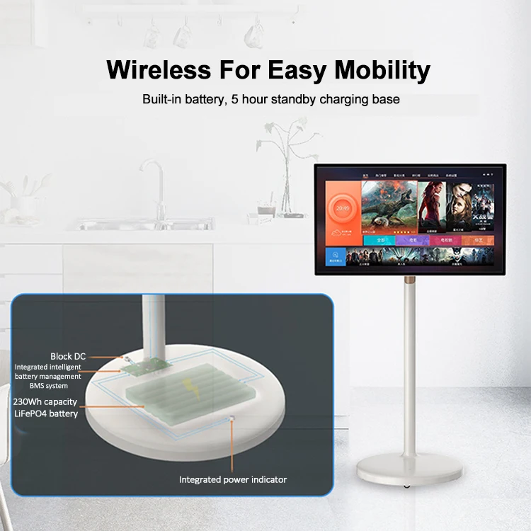 تلفزيون SEEWORLD الذكي المحمول 21.5 22 بوصة شاشة لمس تفاعلية متحركة بيضاء 4 جيجابايت + 64 جيجابايت تلفزيونات متنقلة مع بطارية شحن