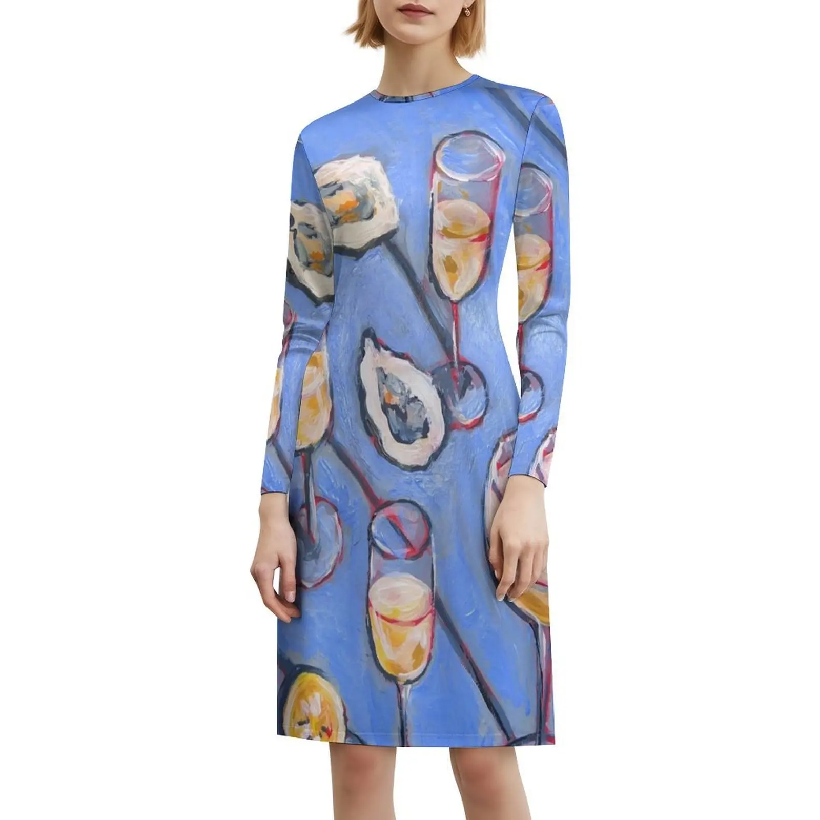 عمل فني المحار النبيذ اللوحة البوهيمي فستان بلا أكمام متعدد طباعة شاطئ عطلة فستان الحفلات المحار الفن النبيذ اللوحة المأكولات البحرية