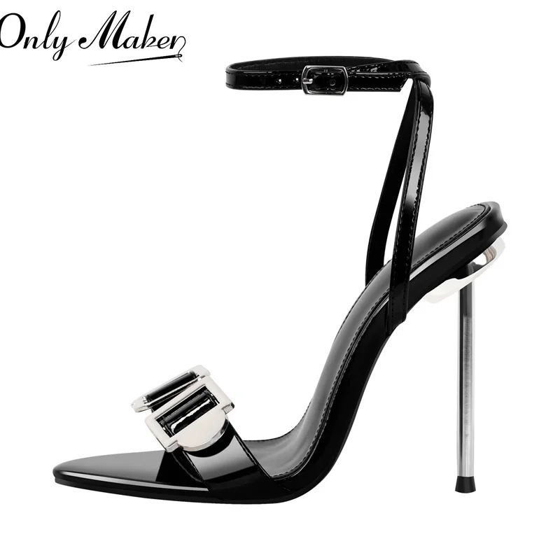 Sandálias Onlymaker-stiletto para mulheres, dedo do pé aberto, saltos metálicos, fivela