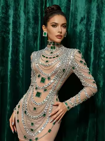 Luxurious Mini Dress Women Transparent Rhinestones Bodycon Singer Bar Club Shiny Short Dress Celebrity Party Evening Stage Costu