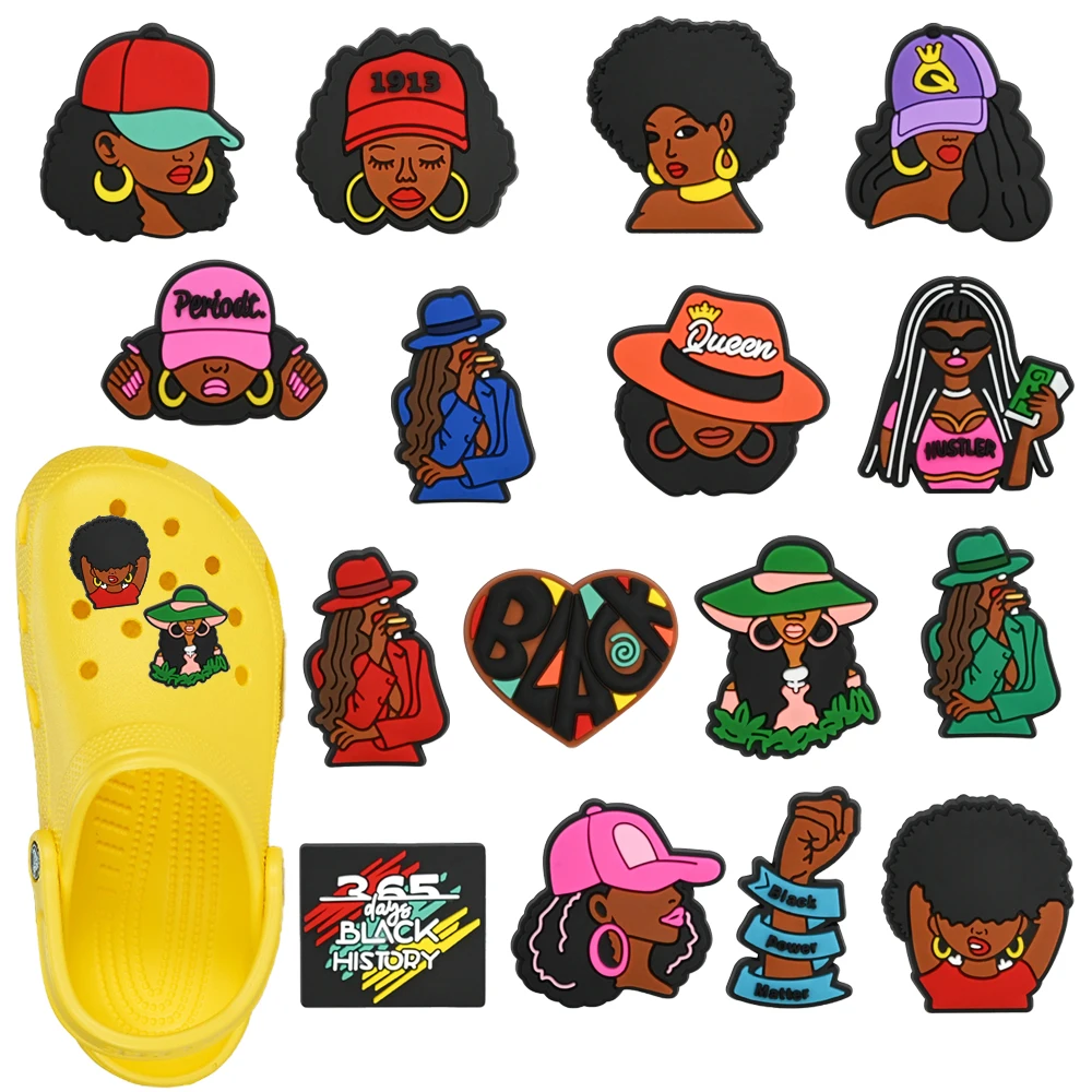 

New 16Pcs Cute Black Girl Series PVC Shoes Charms Accessories Fit with Hole wristbands DIY Detachable Waterproof Fashion Gifts