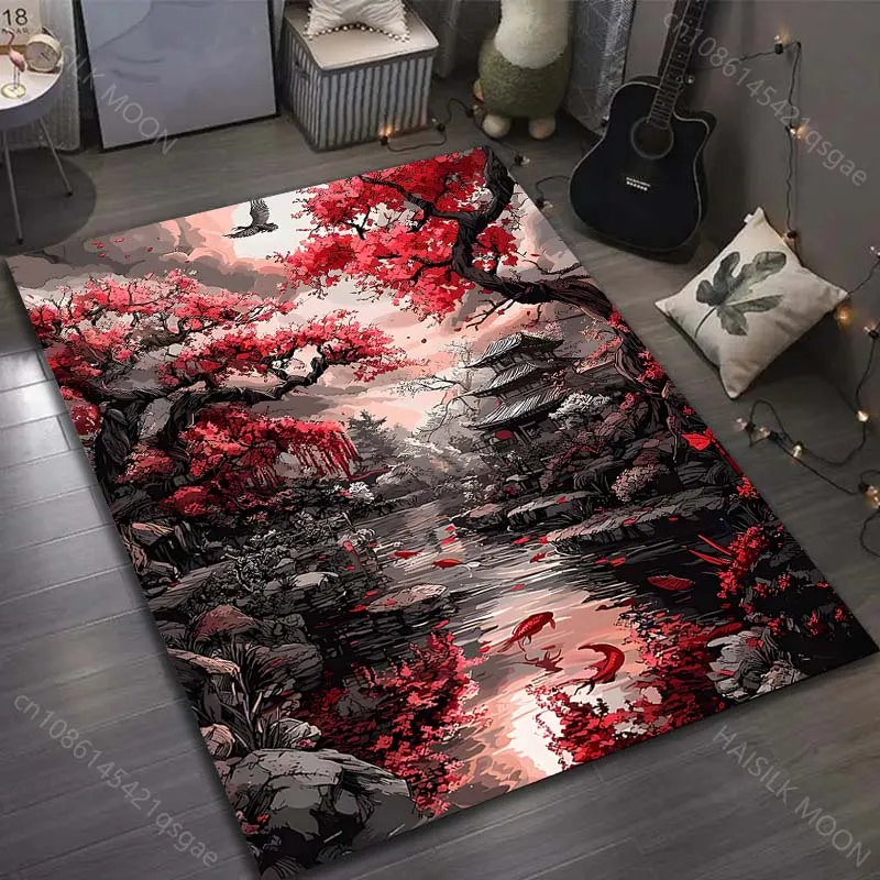 1PC Red maple trees and Japanese garden Carpet for Living Room Bedroom Sofa Home Decor Rus Non-slip Floor Mat Luxury Gift