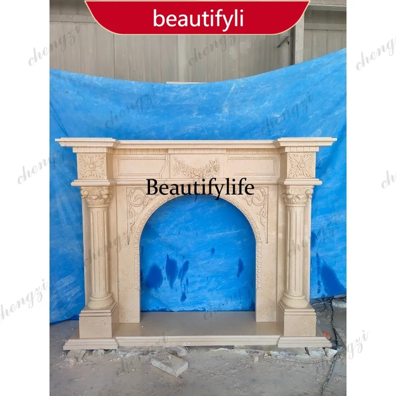 02A Marble fireplace European retro carved fireplace living room beige stone fireplace decoration