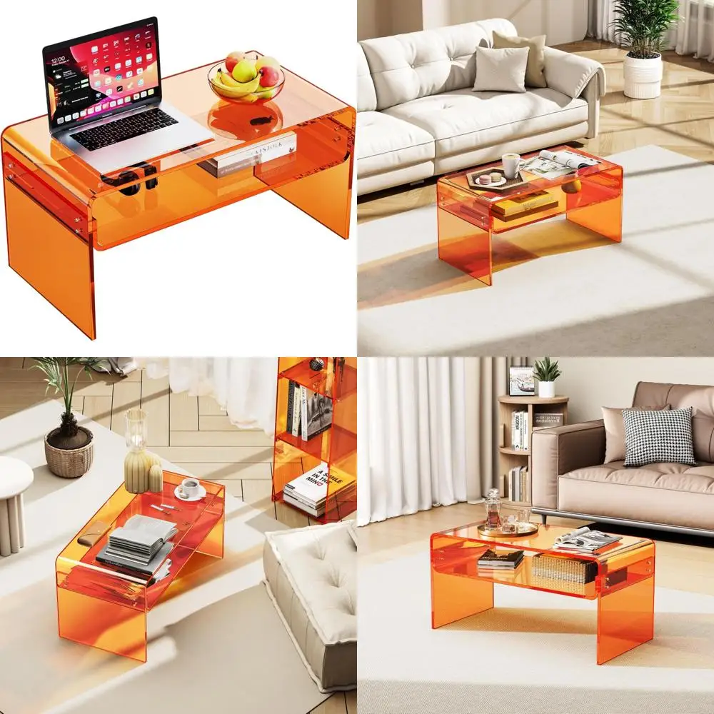 Meja Kopi Persegi Panjang Akrilik Transparan dengan Rak Penyimpanan Terbuka untuk Ruang Tamu dalam Warna Oranye