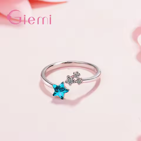 Shiny Beautiful Blue Crystal Star Ring 925 Sterling Silver Adjustable Opening Ring For Women Ladies Jewelry Gifts