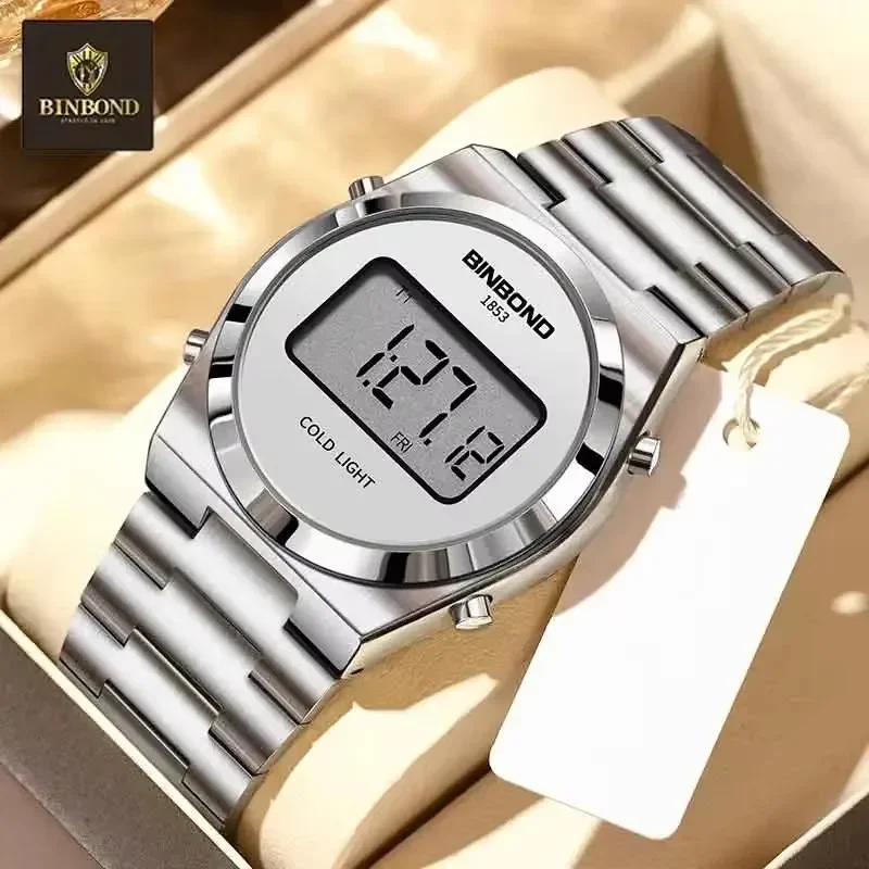

BINBOND Фирменные новые светодиодные цифровые часы для мужчин, роскошные электронные водонепроницаемые часы из нержавеющей стали, светящиеся спортивные мужские часы Reloj