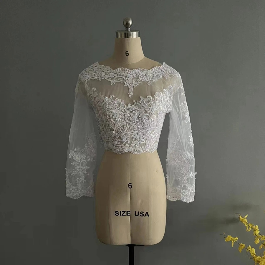 New Arrival Lace Appliques Shares of Women's Long Sleeve White Lace Shoulders Cropped Bolero Wedding Jacket 2025 Bridal Wraps