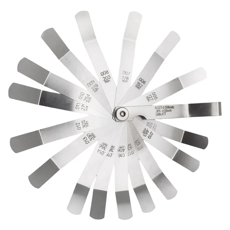 Bent Feeler Gauge 16 Blades Metric 0.127-0.508mm Stainless Steel Gap Filler Gauge Measurement Tool for Engine Valve Clearance