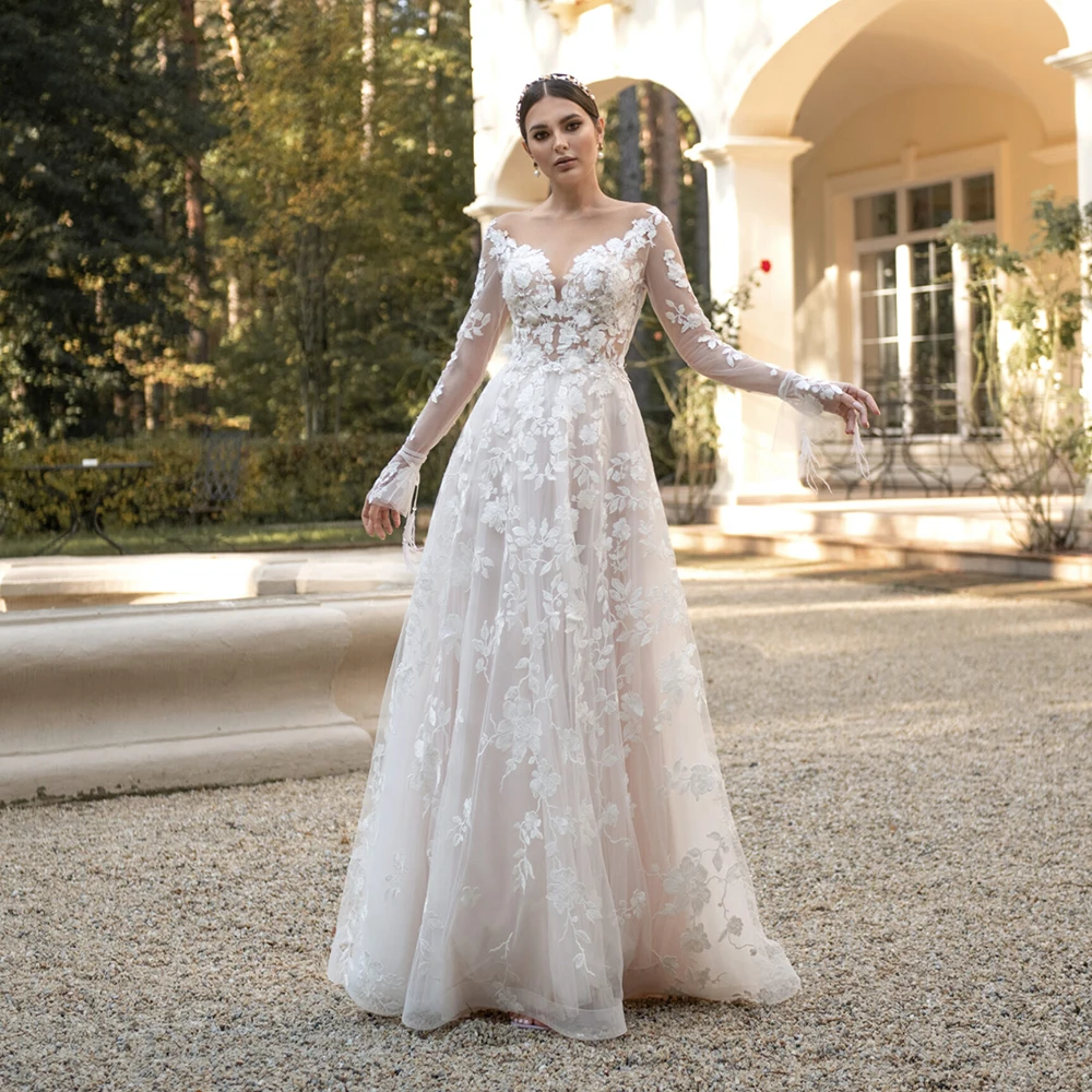 Encantador vestido de novia de encaje con cuello transparente, corpiño de ilusión de alta calidad, vestido de novia de línea a de manga larga