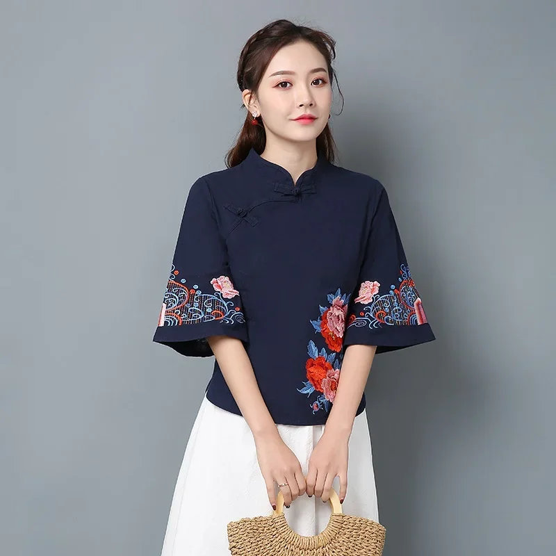 

Retro Chinese Women Blouse Traditional Vintage Oblique Shirt Zen Summer Cotton Tang Suit Mandarin Collar Cheongsam Top