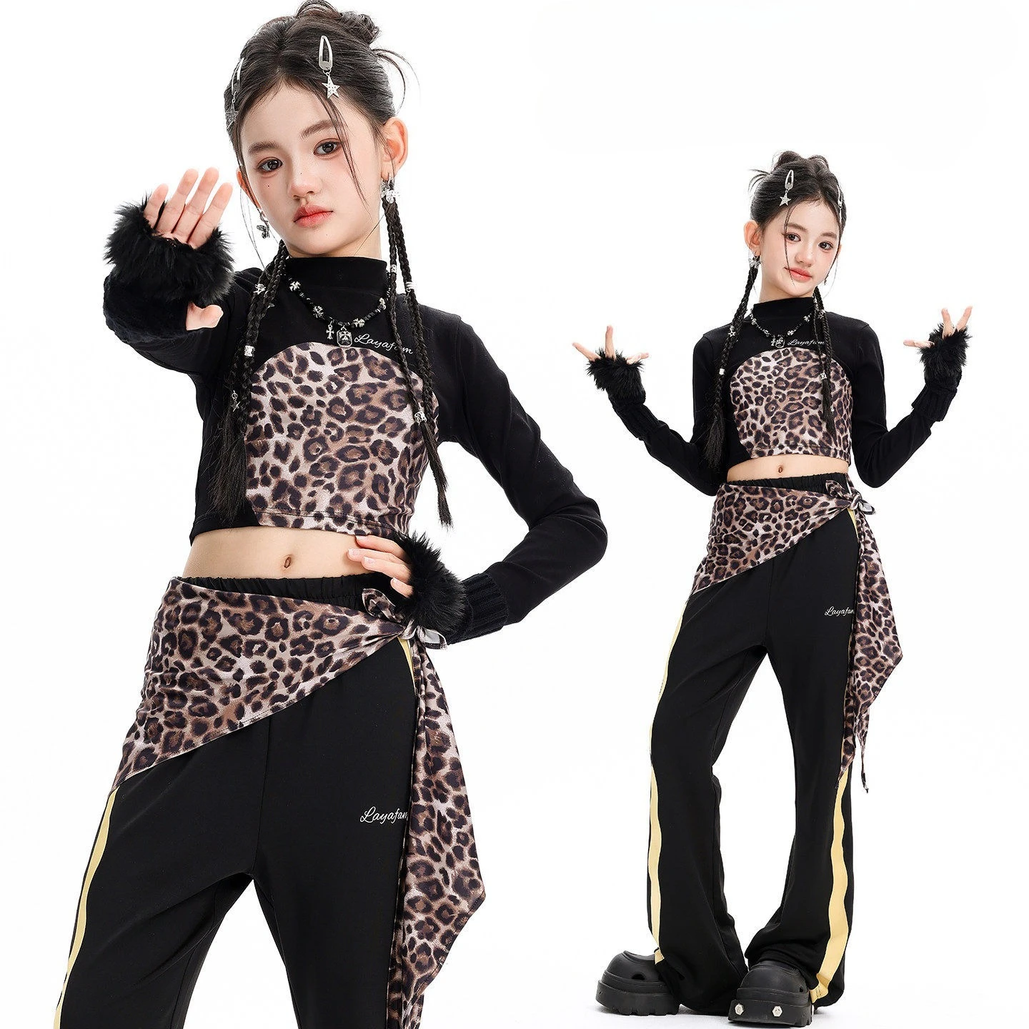 Girls Leopard Jazz Dance Costume Autumn Cool Set Children Hip-hop Street Dance Stage Performance Outfit Dance Practice Clothes