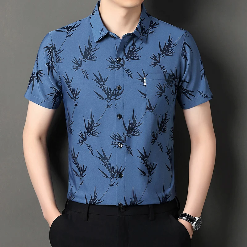 

2026 Summer Ice Silk Short Sleeve Shirt Men's Middle-aged Thin Bamboo Leaf Jacquard Non-ironing Soft Daily Casual Pocket Shirt