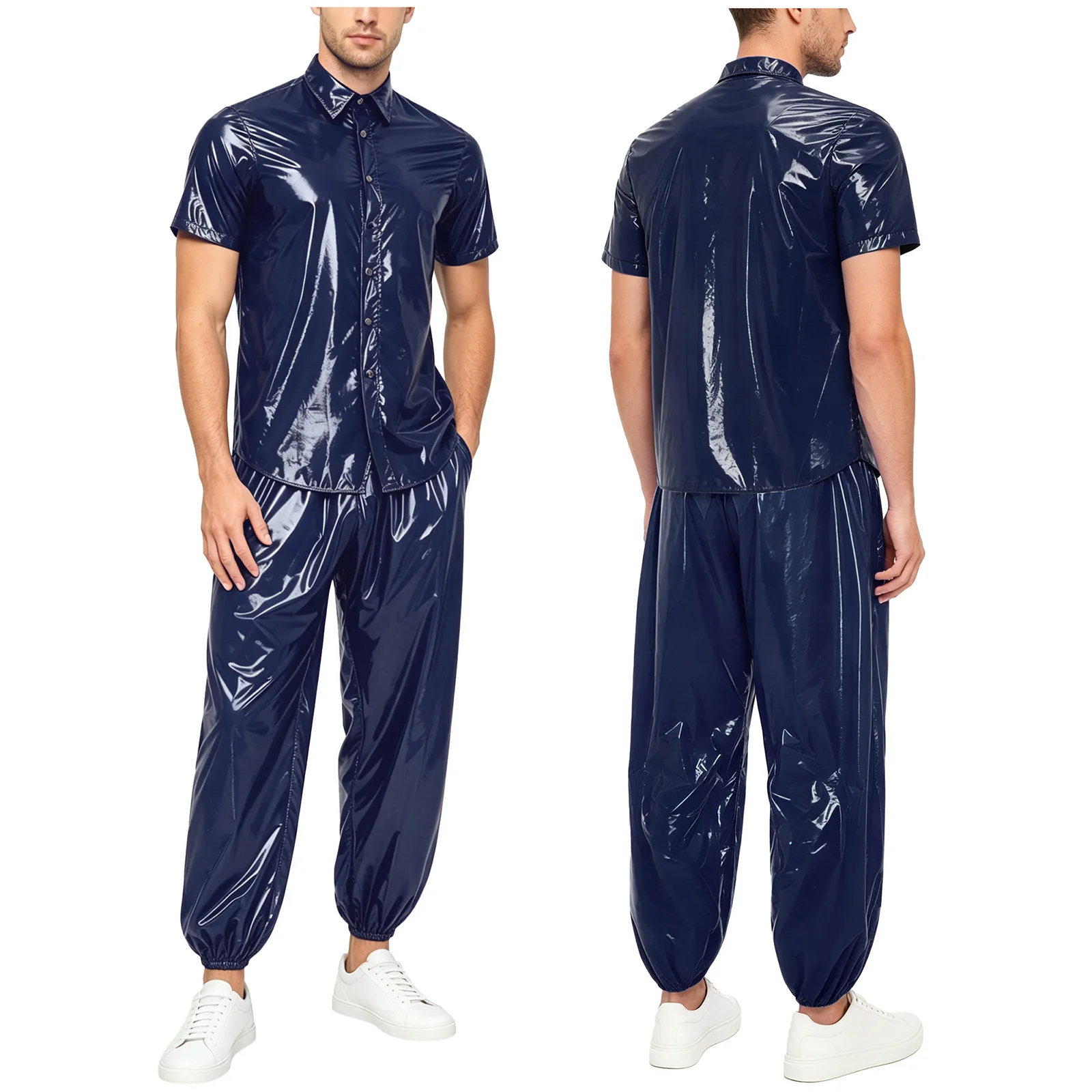 

Men Waterproof Tracksuit Short Sleeve Front Button Lapel T-shirt and Elastic Waistband Jogging Pants Rainwear Sauna Sweat Outfit