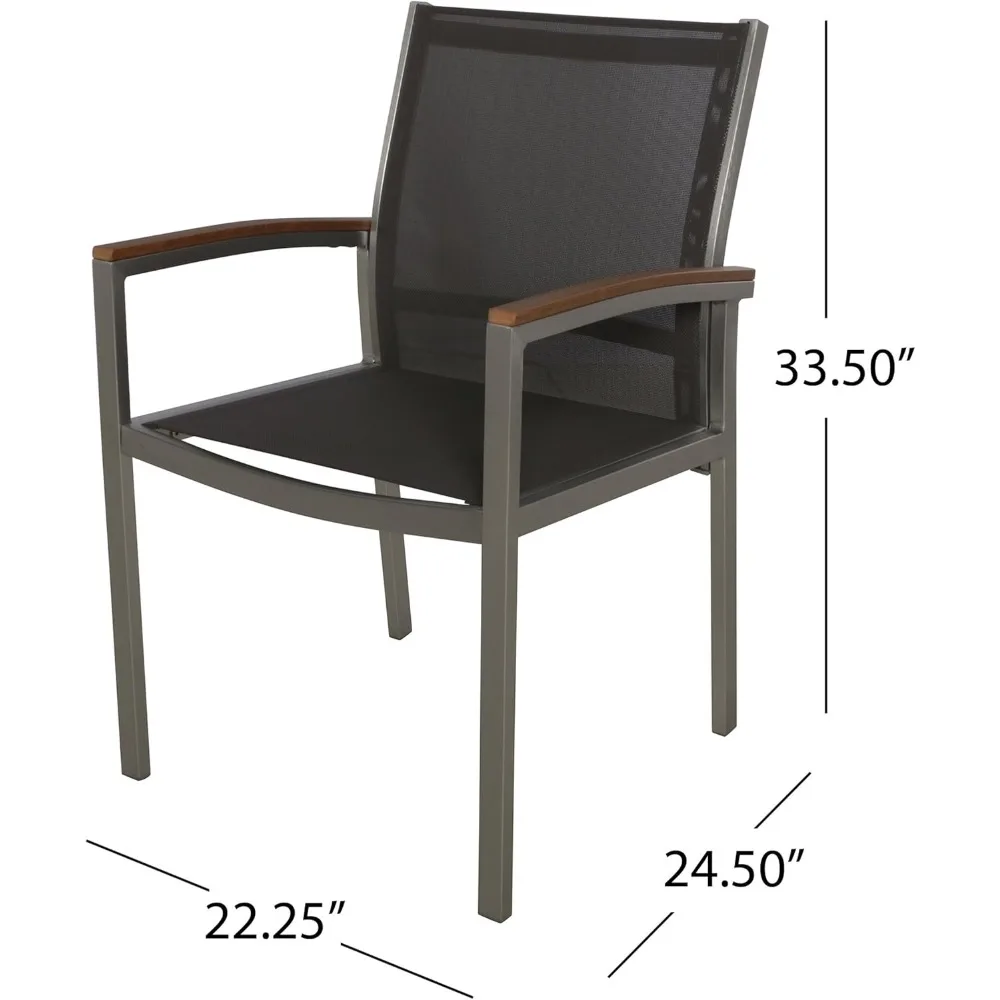 كراسي تناول الطعام من Great Deal Furniture Emma Patio - ألومنيوم - مقاعد شبكية خارجية - أذرع خشبية صناعية - مجموعة من 2 - فضي مع رمادي و