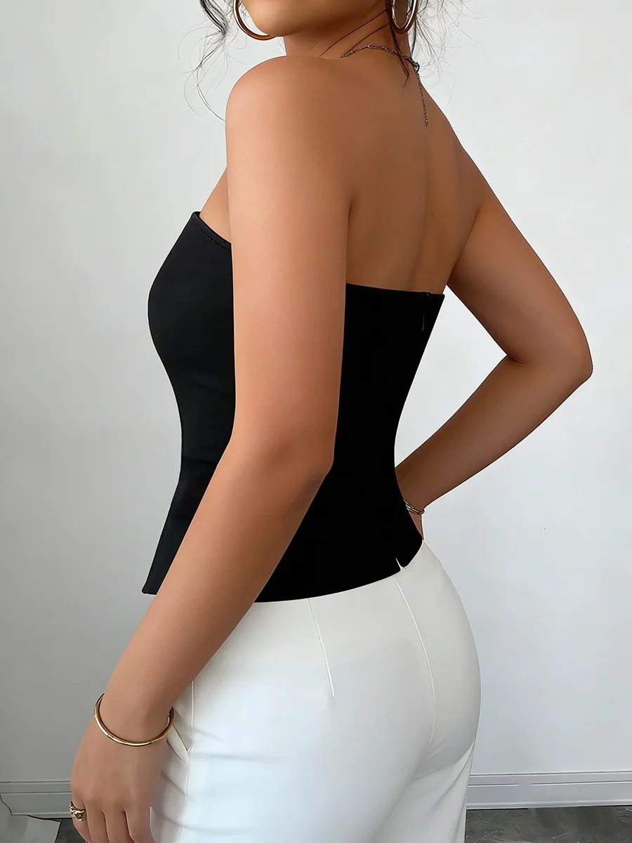 Women's Corset Top Strapless Button Detail Asym Hem Smooth Fitted Tops Sexy Corset Spring Summer Chic Corset Party Stretchy Tops