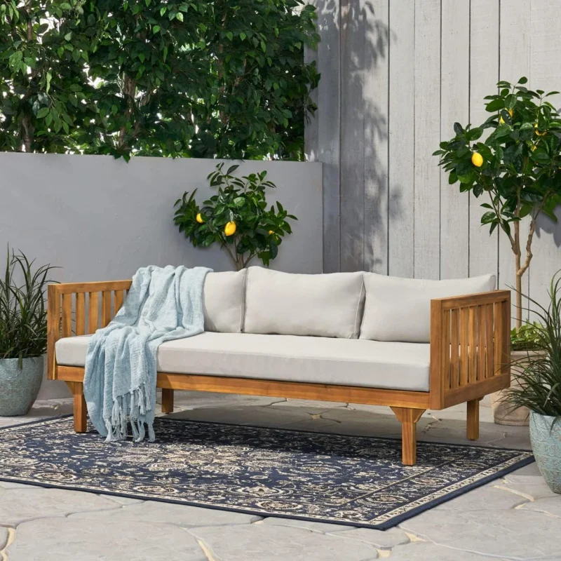 

3-Seater Acacia Wood Outdoor Daybed, Teak Patio Lounge with Light Cushion, Sturdy Wooden Outdoor Sofa