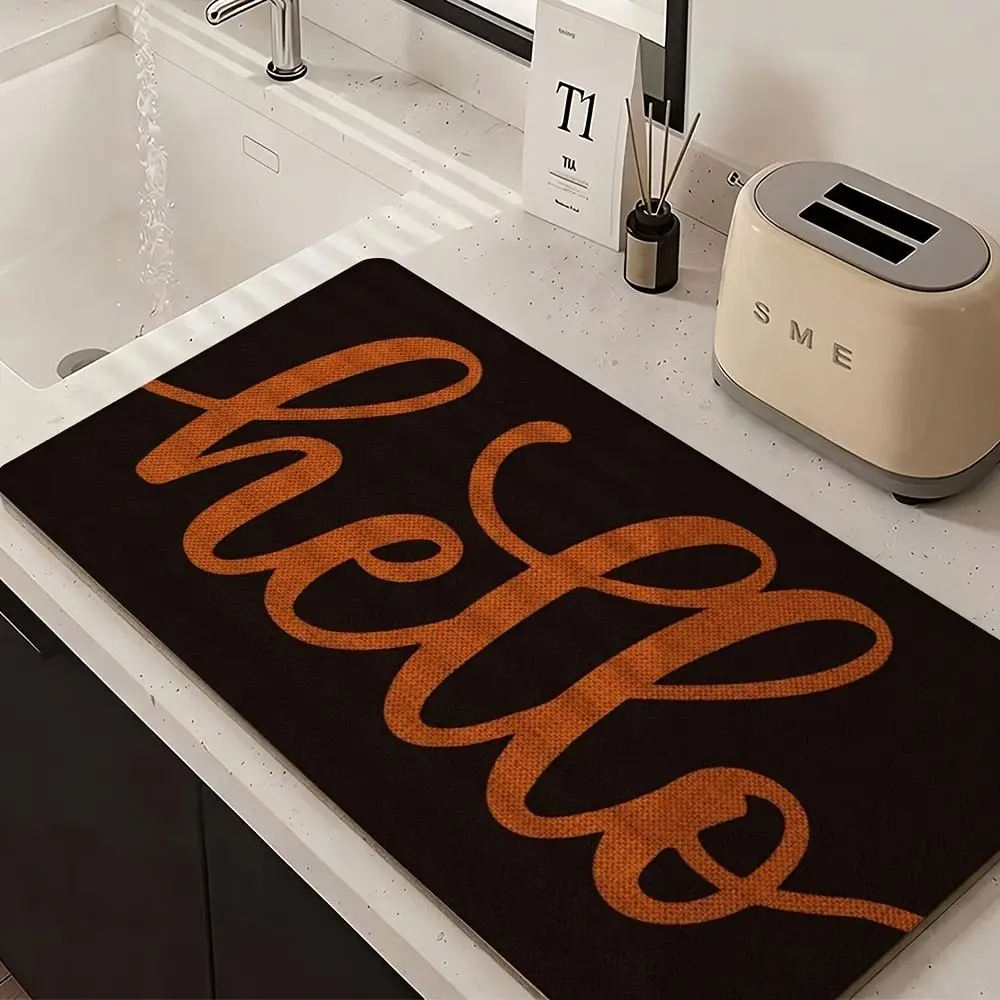 Dish Drying Mat Retro Hello Letter Printed Cushion Super Absorbent Kitchen Drainage Pad Countertop Coffee Maker Table Rug