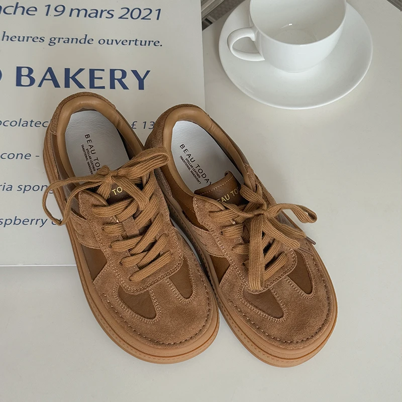 BEAUTODAY أحذية رياضية كاجوال للنساء جلد البقر المدبوغ سبليت ستوكات المرقعة أحذية الدانتيل متابعة الإناث المدربين اليدوية 29768 #2