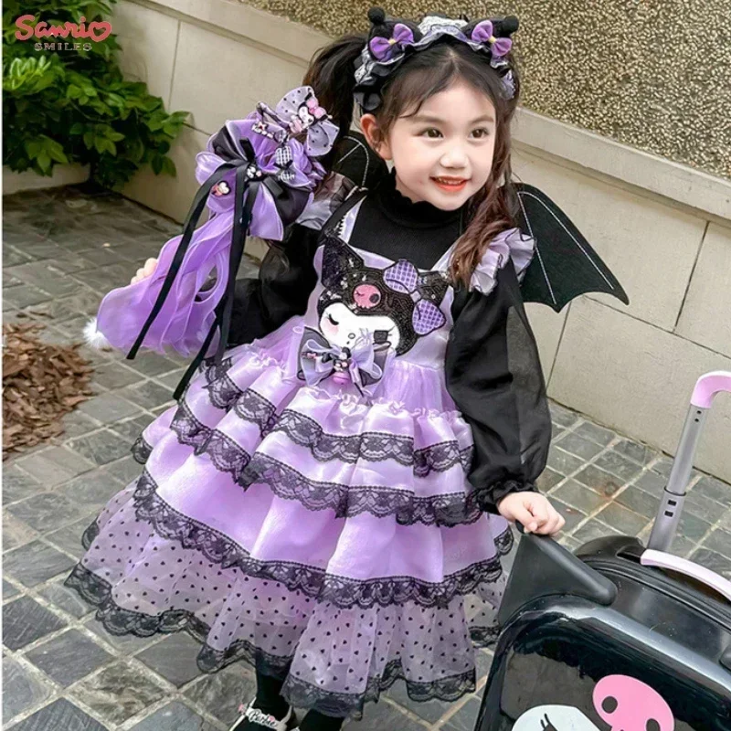 Vestido anime Sanrio Kuromi Lolita para meninas, saia de princesa, cosplay infantil, presente de festa de aniversário, primavera e outono, 2024