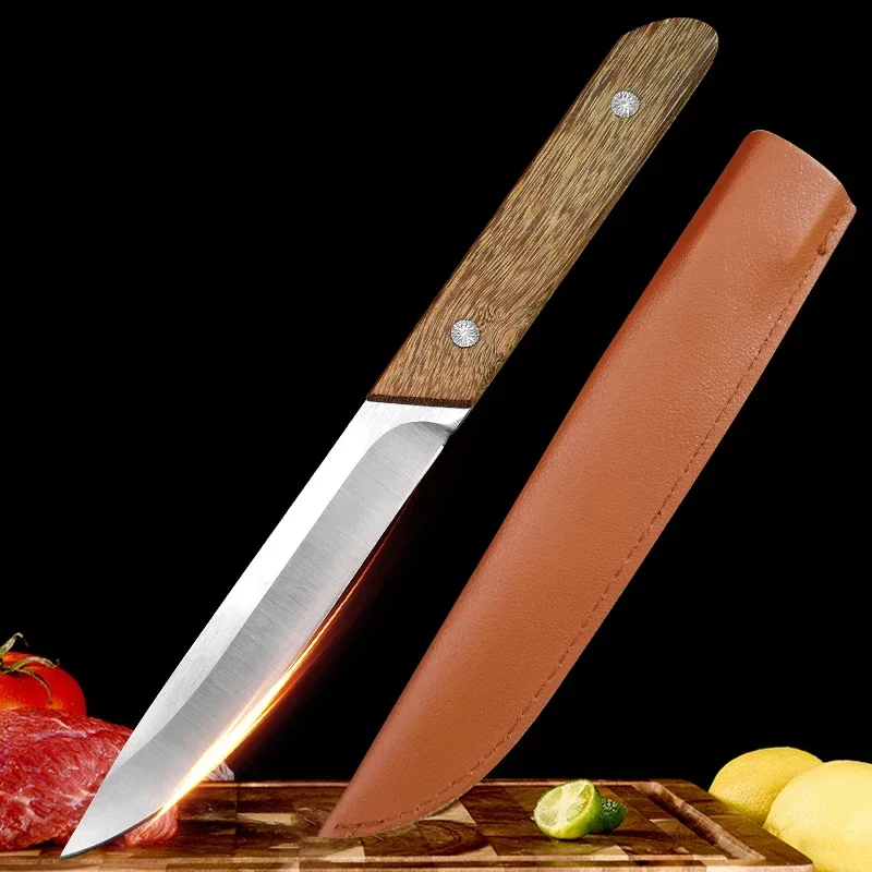 Stainless Steel Boning Knife 5Cr15 Meat Cutting Fruit Cleaver Butcher Knives Handmade Kitchen Knife with Cover Wooden Handle