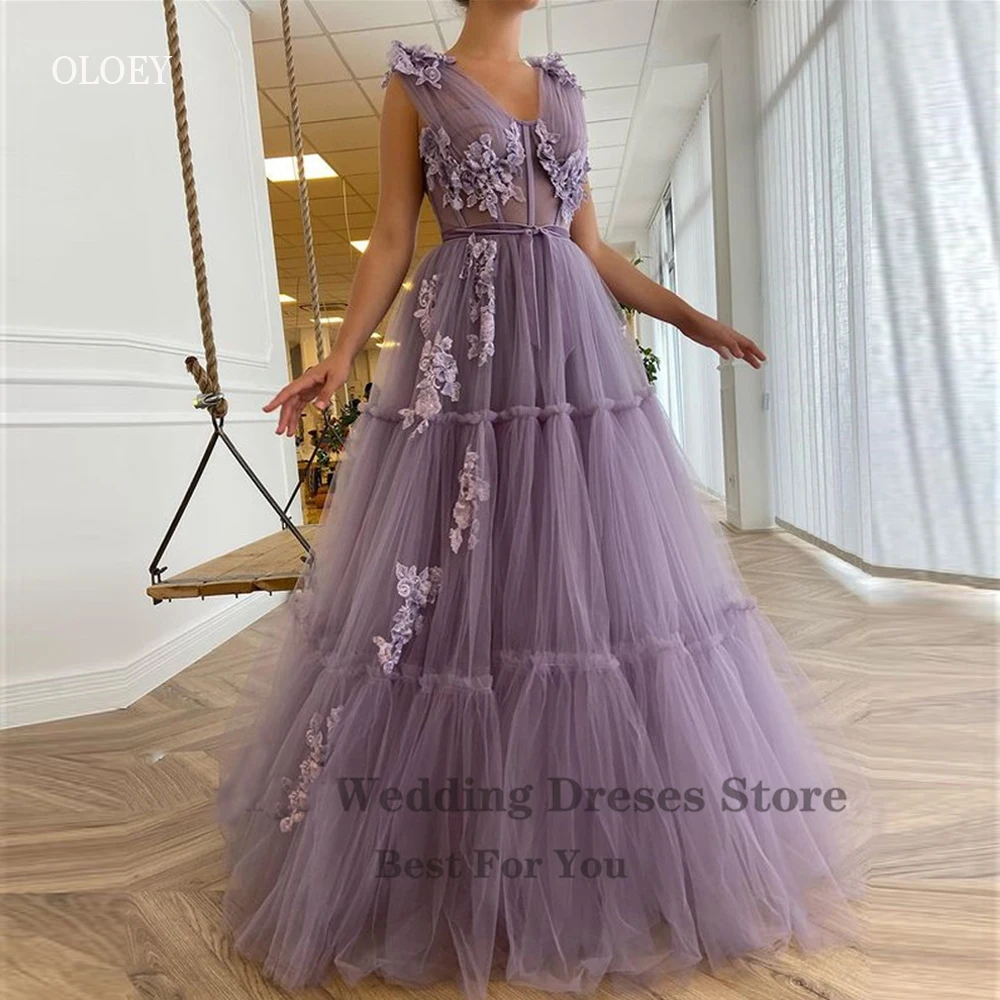 

OLOEY Elegant Lavender Tulle A Line Long Prom Dresses V Neck 3D Flowers Layer Corset Fitted Floor Length 2023 Evening Gown