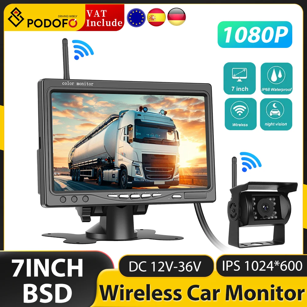 Podofo Monitor IPS HD da 7 con sistema di telecamere CCD per retrovisione di parcheggio di Backup per visione notturna 1080P 12-24V per rimorchio per camion RV