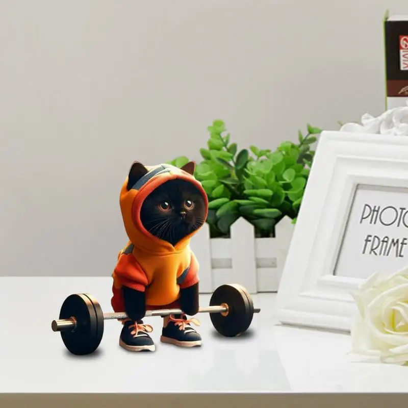 Anime Fitness Cat Figurine Sculpture Modern Office Home Decor Ornaments Cute Barbell Black Cat Statue Collectible Creative Gifts