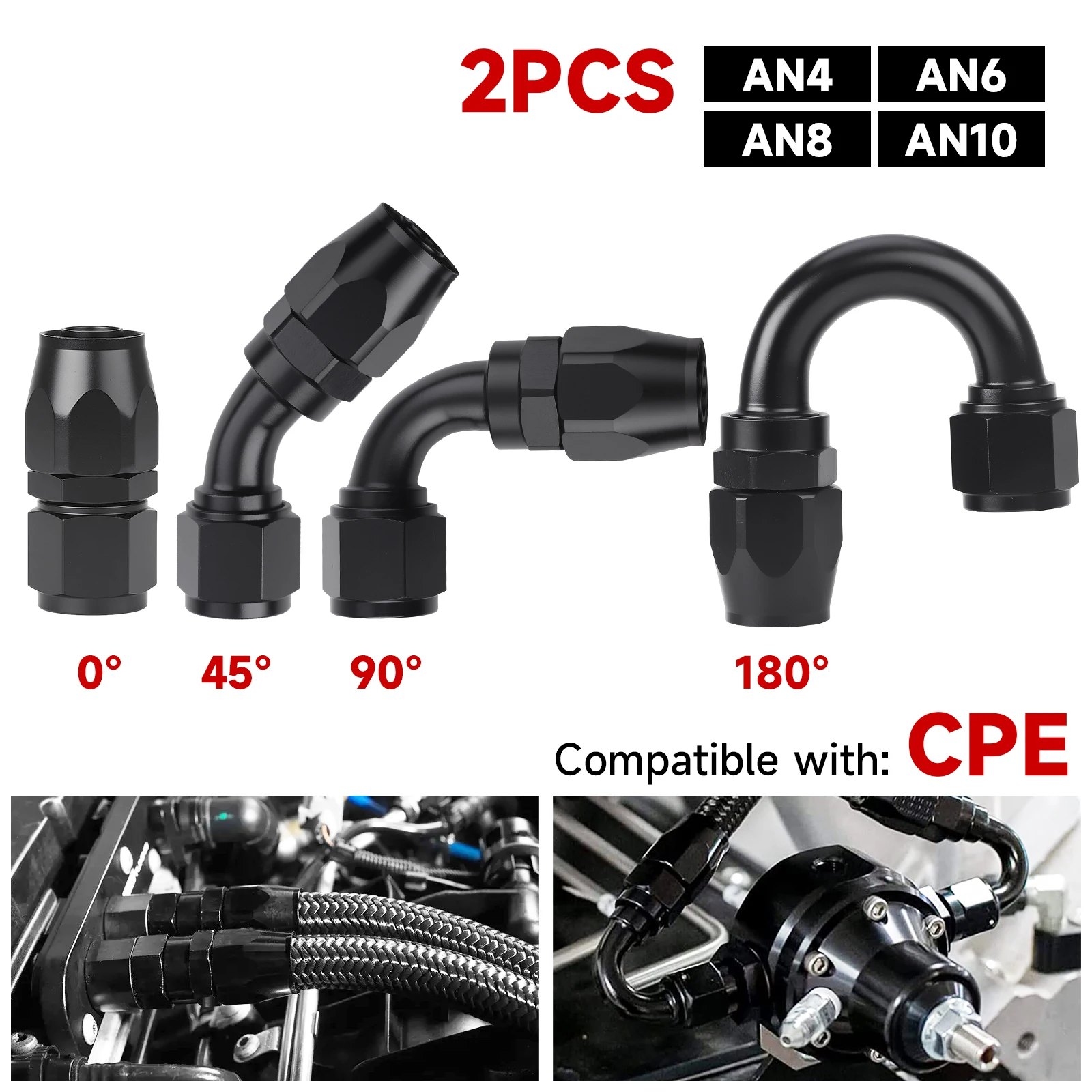 

2 Pcs Universal AN4 AN6 AN8 AN10 Straight 0 45 90 180 Deg Aluminum Swivel Hose End Fitting Adapter For Oil Fuel CPE Line Black