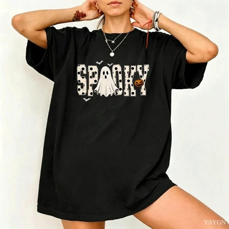 Spooky Polka Dot Letter Ghost Halloween T‑Shirt Cute Ghost Pumpkin Head Bat Retro Distressed Font Fall Spooky Season Cotton Tees