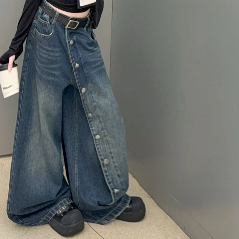 Girls' Autumn Trendy Cool Jeans Spring Fashion New Girl Retro Multi Breasted Design loose Denim Wide leg Pants for 4-14Y