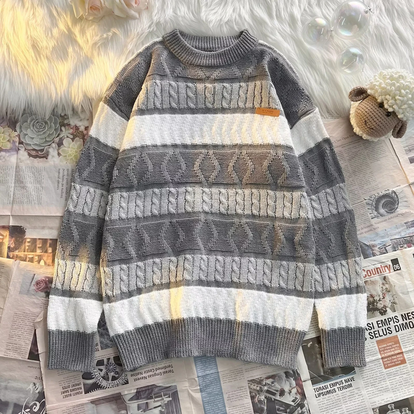 

Neutral Loose Striped Sweater Jaet Men's Autumn Winter Japanese Sle Vintage Lazy BF Knitted irt Chic Forest System