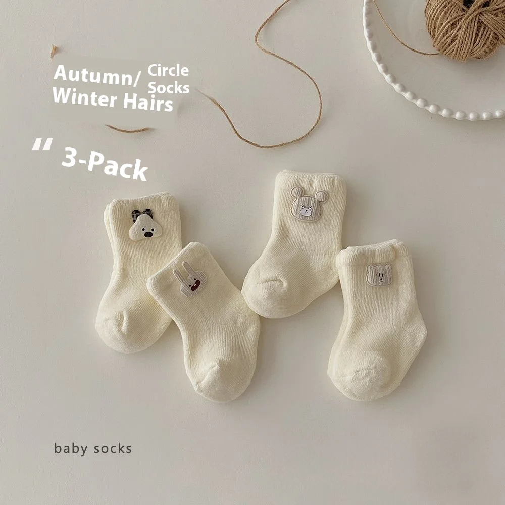 

3-pair set. Best-selling baby socks.Autumn-winter style.Thick circular knit mid-calf socks.Newborn cartoon character warm socks