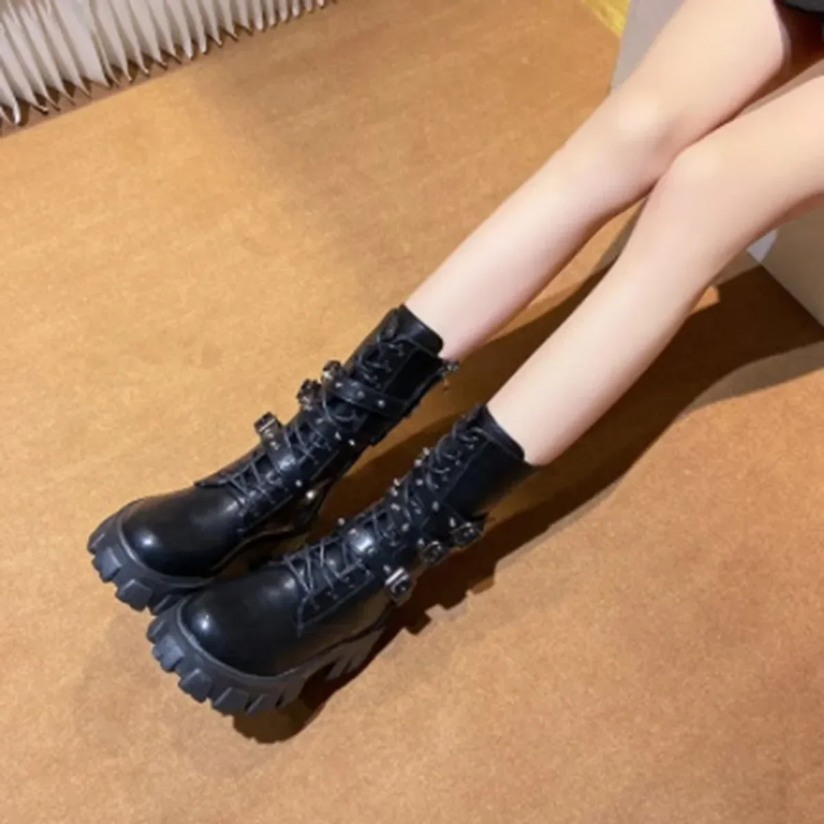 Woman Boots 2023 Winter New Pu Leather Platform Fashion Lace Up Punk Gothic Booties Casual Work Shoes botines mujer