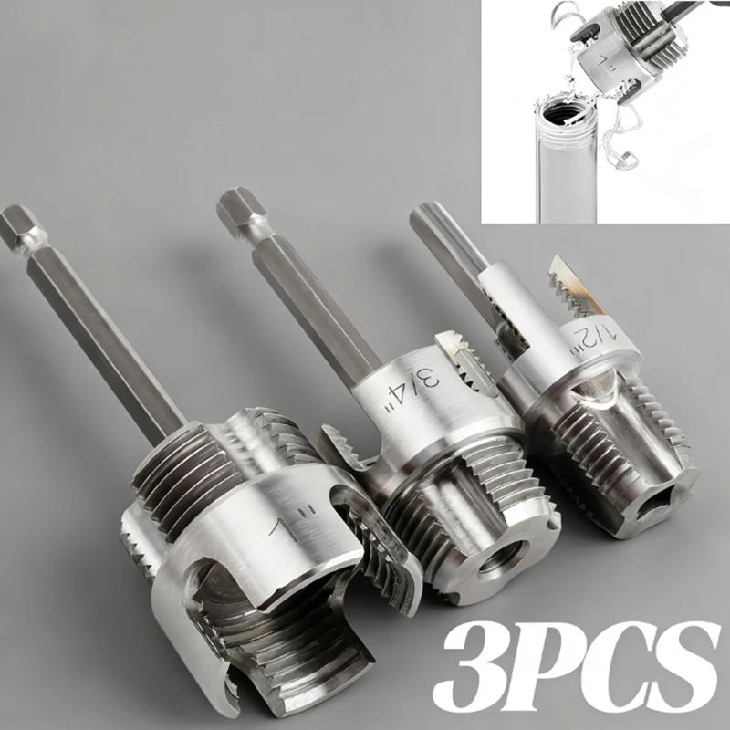 

3pcs Internal and External Threading Tool, Dual-Function Pipe Thread Cutter, Suitable for 1/2", 3/4", and 1" PVC/Plastic Pipes