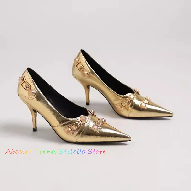 

Sexy Gold Black Metallic Leather Heel Pumps Shoes Studded Buckle Pointed Toe Thin Heels Party Club Shoes Stiletto Heel Shoes