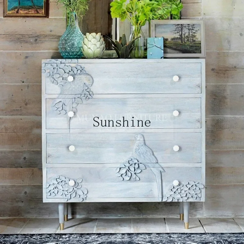 Retro carved French solid wood flower and bird storage cabinet drawer three bucket cabinet creative decoration  FT