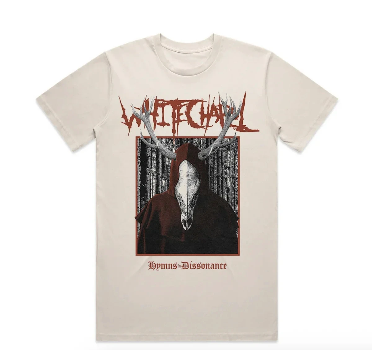 Whitechapel Dark Forest Artwork Print Featuring Cloaked Antler Skull Figure Woodland Background and Torn Red Band Lettering T