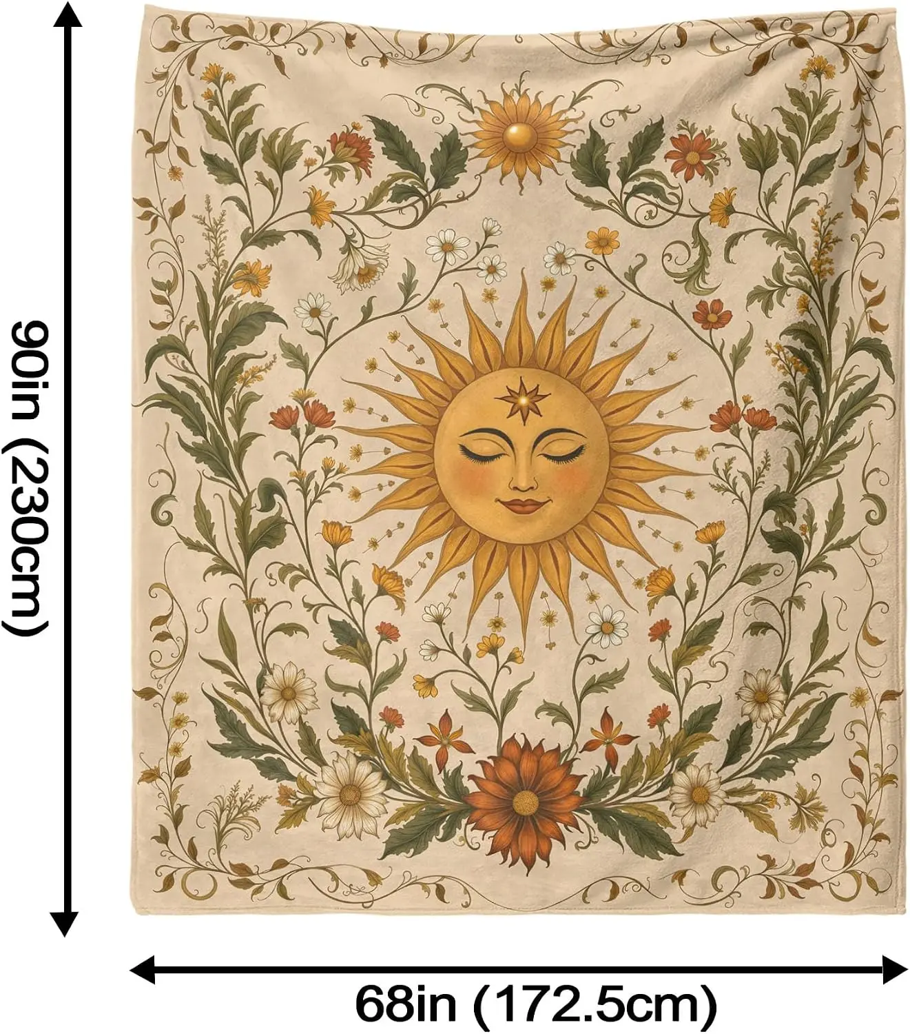 Boho Retro Closed Eyes Sun Botanical Wild Flower Vine Vintage Art Pattern Soft Blanket Fit Living Room Bed Travel Multi-scene