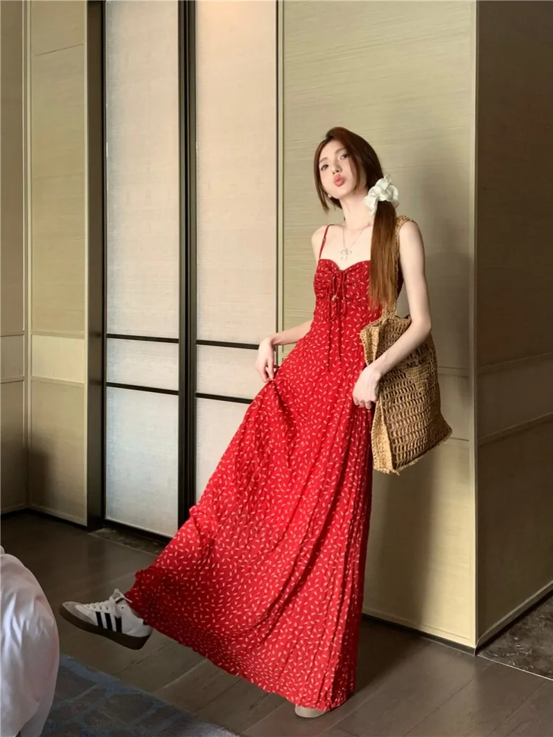 

Lace Up Hollowed Out Floral Camisole Dress For Women Summer Tea Break French Long Skirt, Red Temperament, Waist Cinched A-line