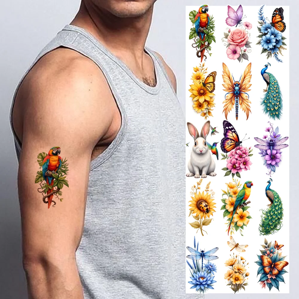 

28pcs Temporary Tattoo Dragonfly Colorful Hummingbird Rabbit Waterproof Long-lasting Body Stickers Roses For Back Adult Arms